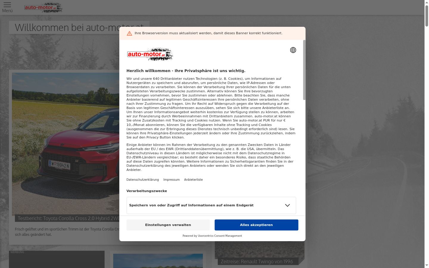 Screenshot del banner di consenso mostrato prima di qualsiasi interazione