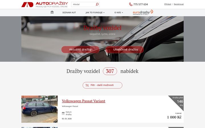 Екранна снимка на autodrazby.cz