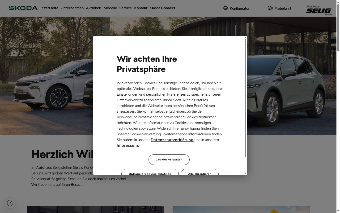 Screenshot des Einwilligungsbanners vor jeglicher Interaktion