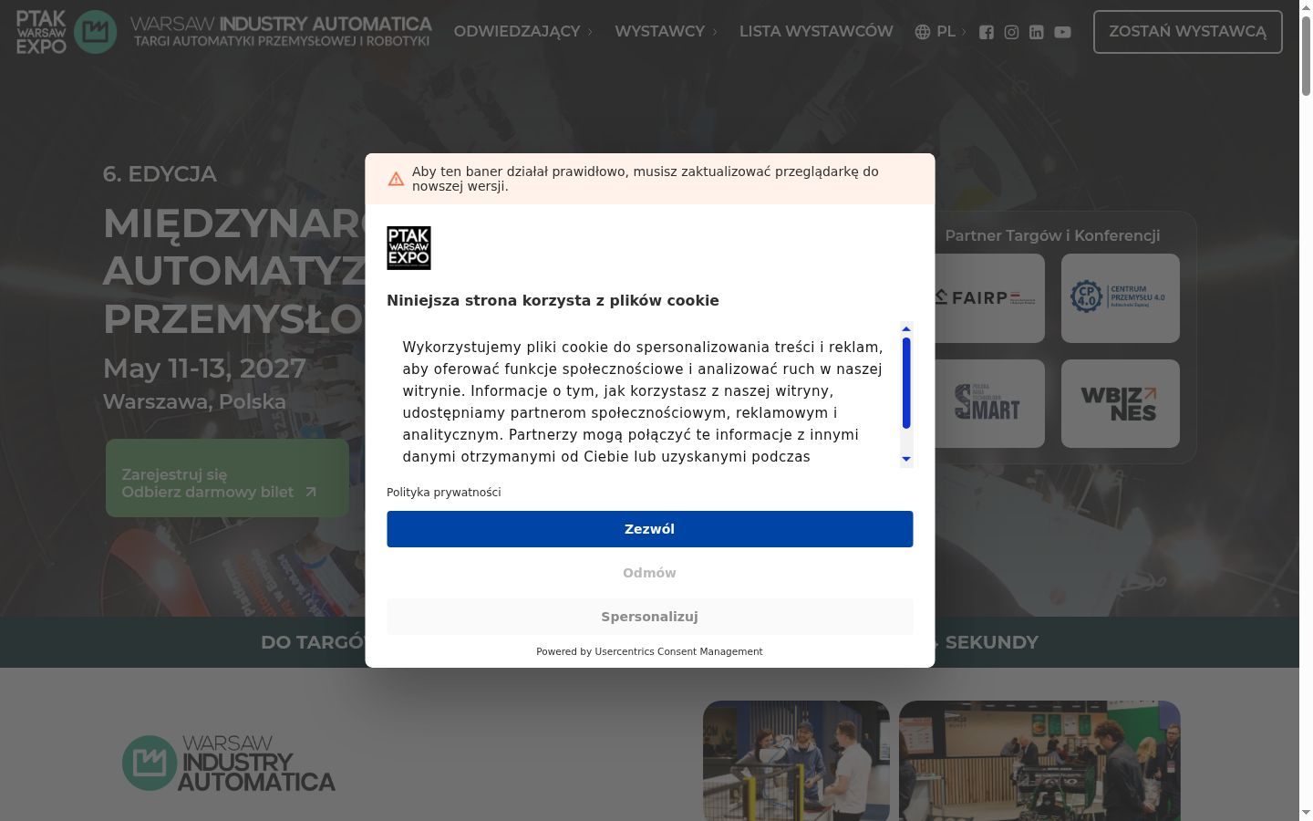 Zrzut ekranu banera zgody wyświetlanego przed jakąkolwiek interakcją