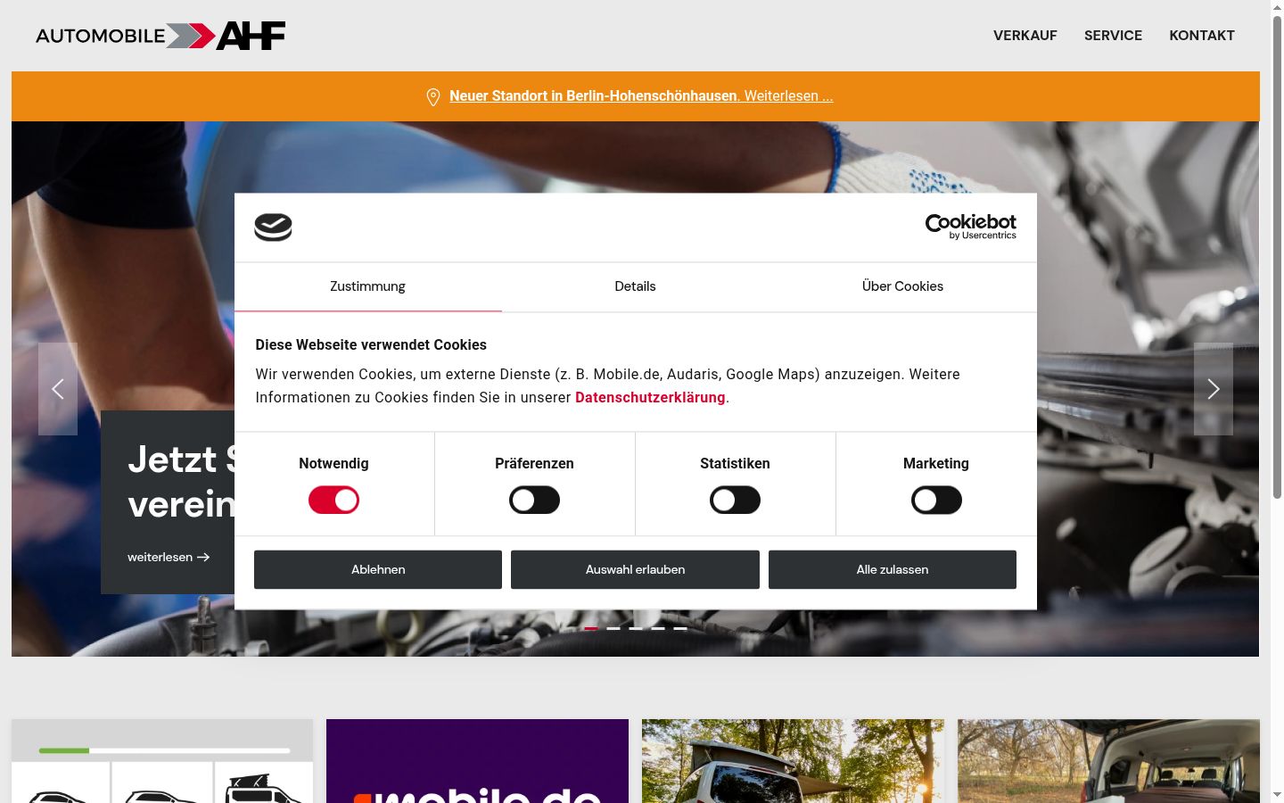 Screenshot des Einwilligungsbanners vor jeglicher Interaktion