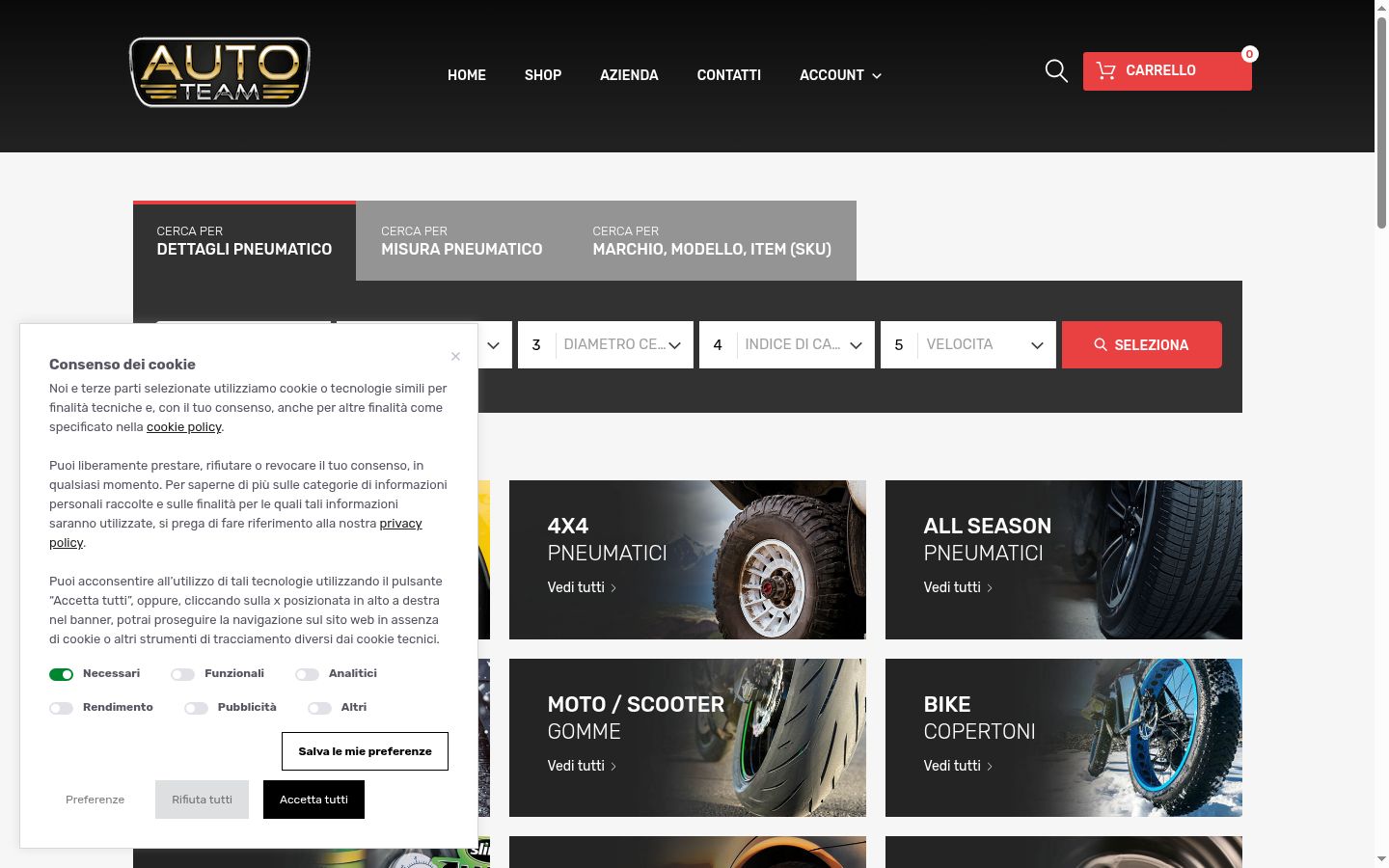 Screenshot del banner di consenso mostrato prima di qualsiasi interazione