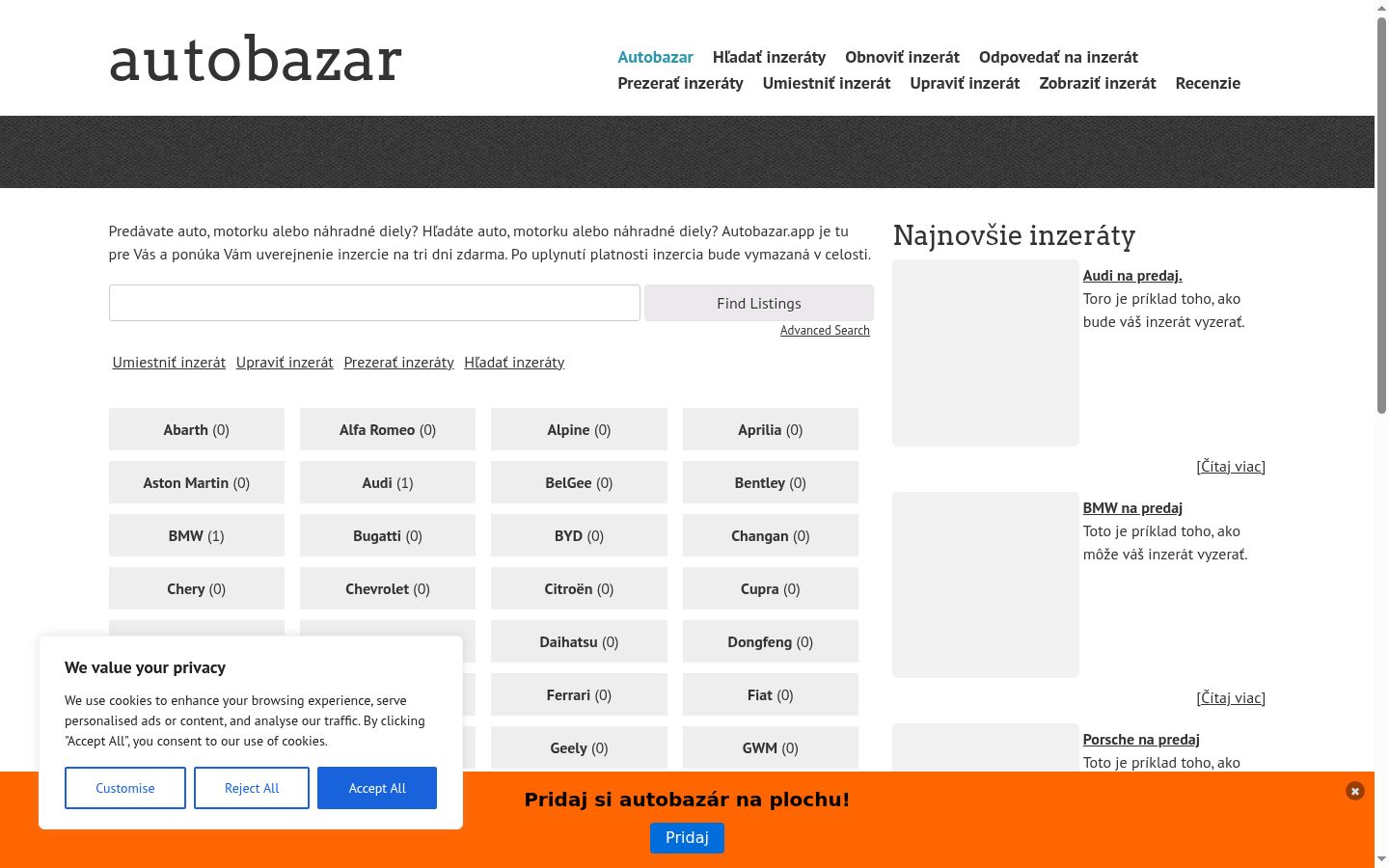 Snimka zaslona bannera za privolu prikazanog prije bilo kakve interakcije