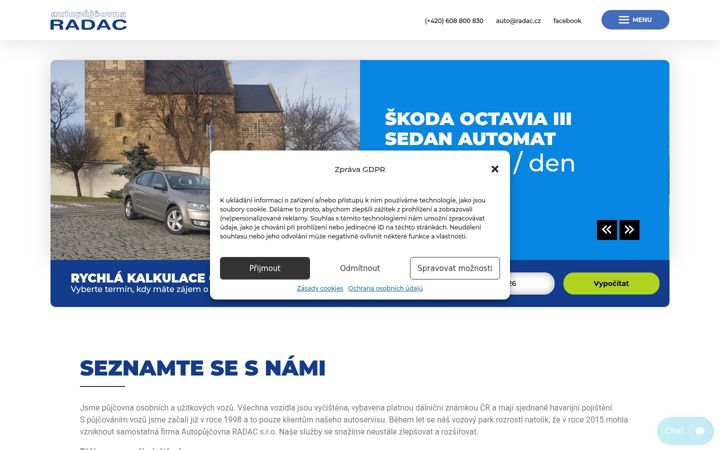 Screenshot stránky autopujcovna-radac.cz