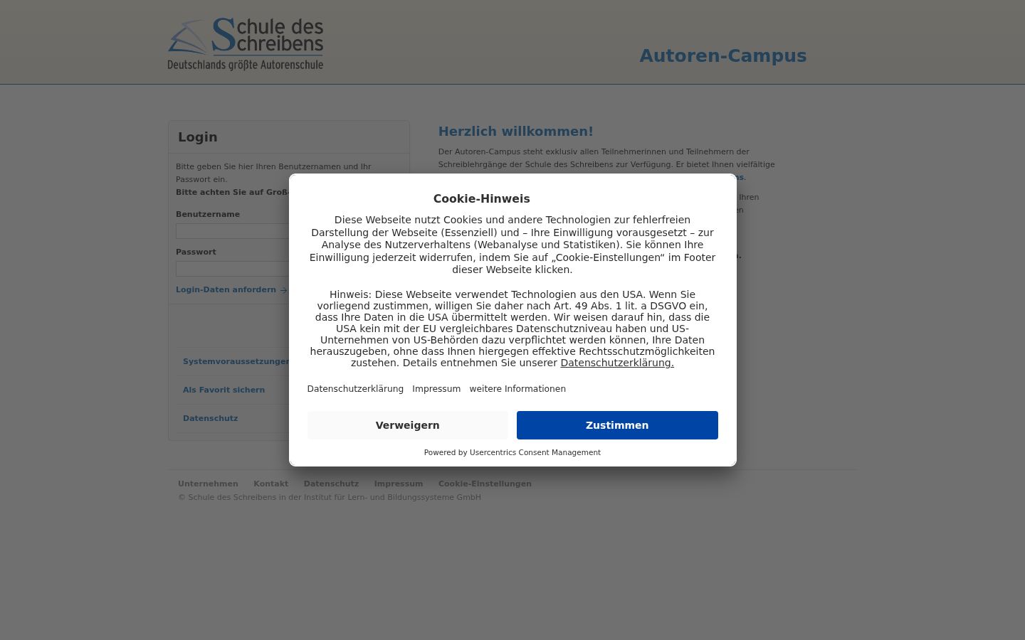 Screenshot des Einwilligungsbanners vor jeglicher Interaktion