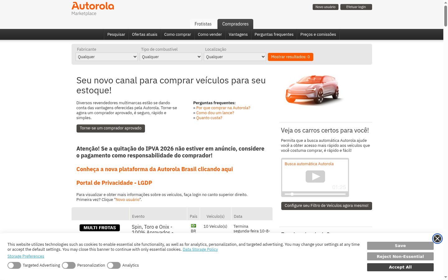 Captura de pantalla del banner de consentimiento mostrado antes de cualquier interacción