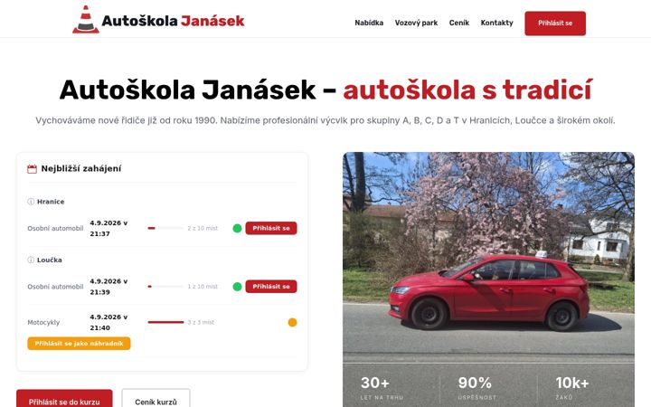 Kuvakaappaus sivustosta autoskolajanasek.cz