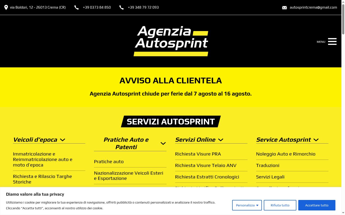 Screenshot del banner di consenso mostrato prima di qualsiasi interazione