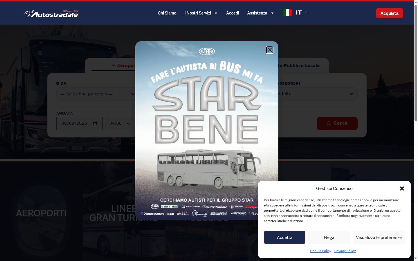 Screenshot del banner di consenso mostrato prima di qualsiasi interazione
