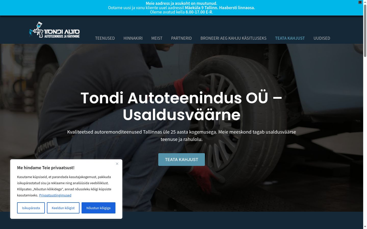 Ekrānuzņēmums ar piekrišanas baneri, kas tika rādīts pirms jebkādas mijiedarbības