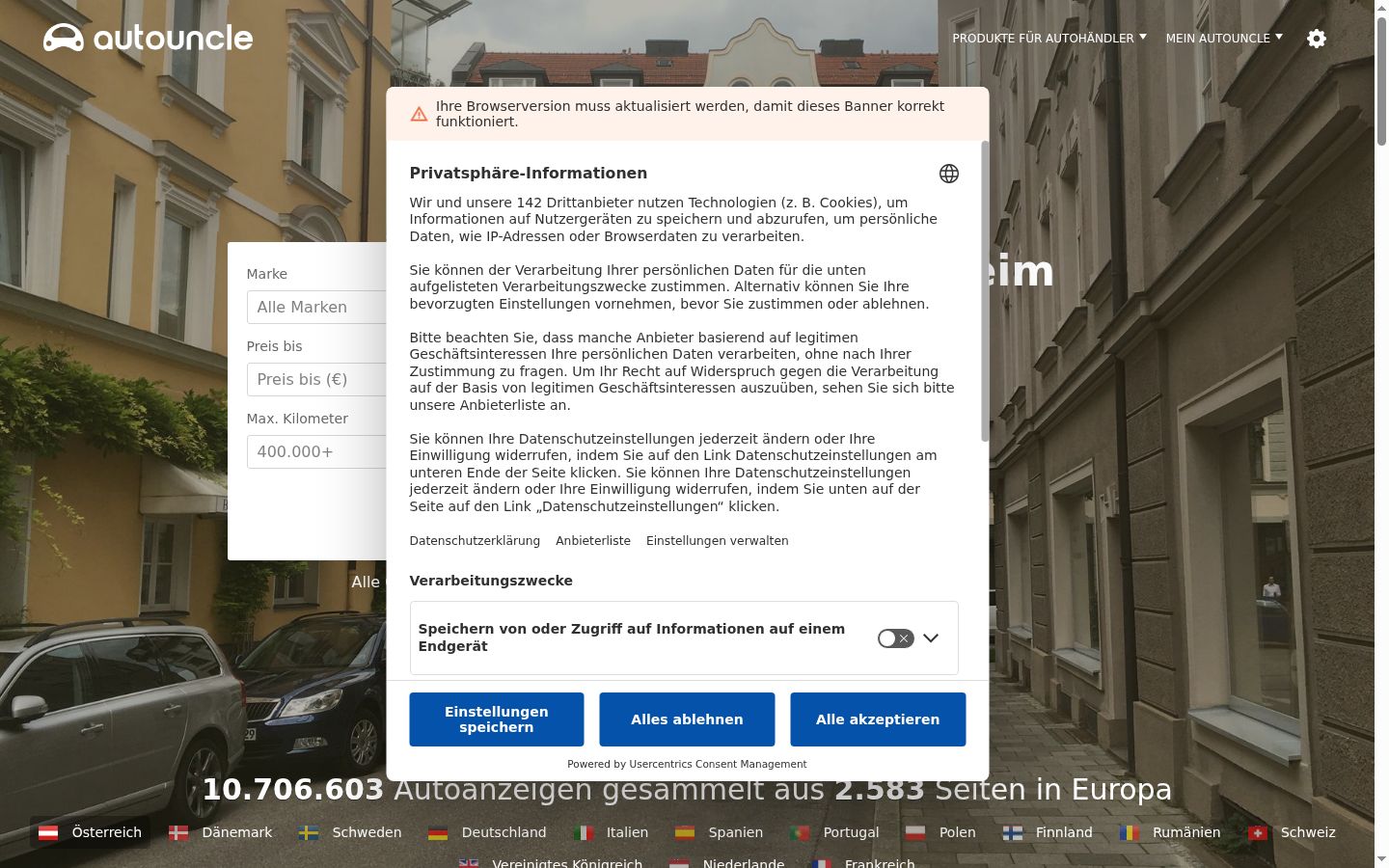 Snimka zaslona bannera za privolu prikazanog prije bilo kakve interakcije