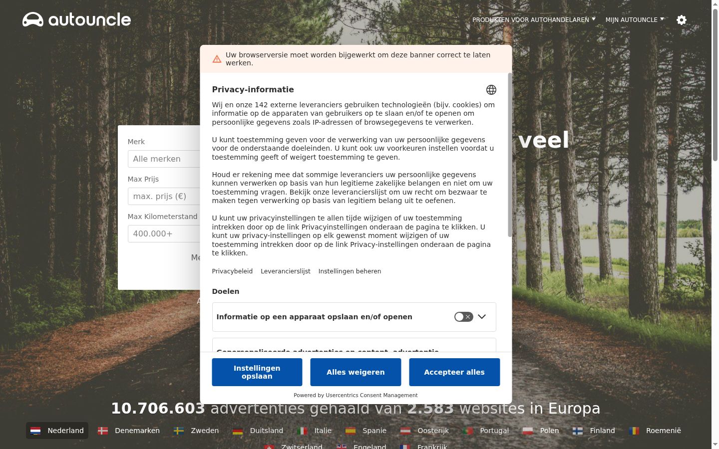 Képernyőkép a bármilyen interakció előtt megjelenő hozzájárulási bannerről