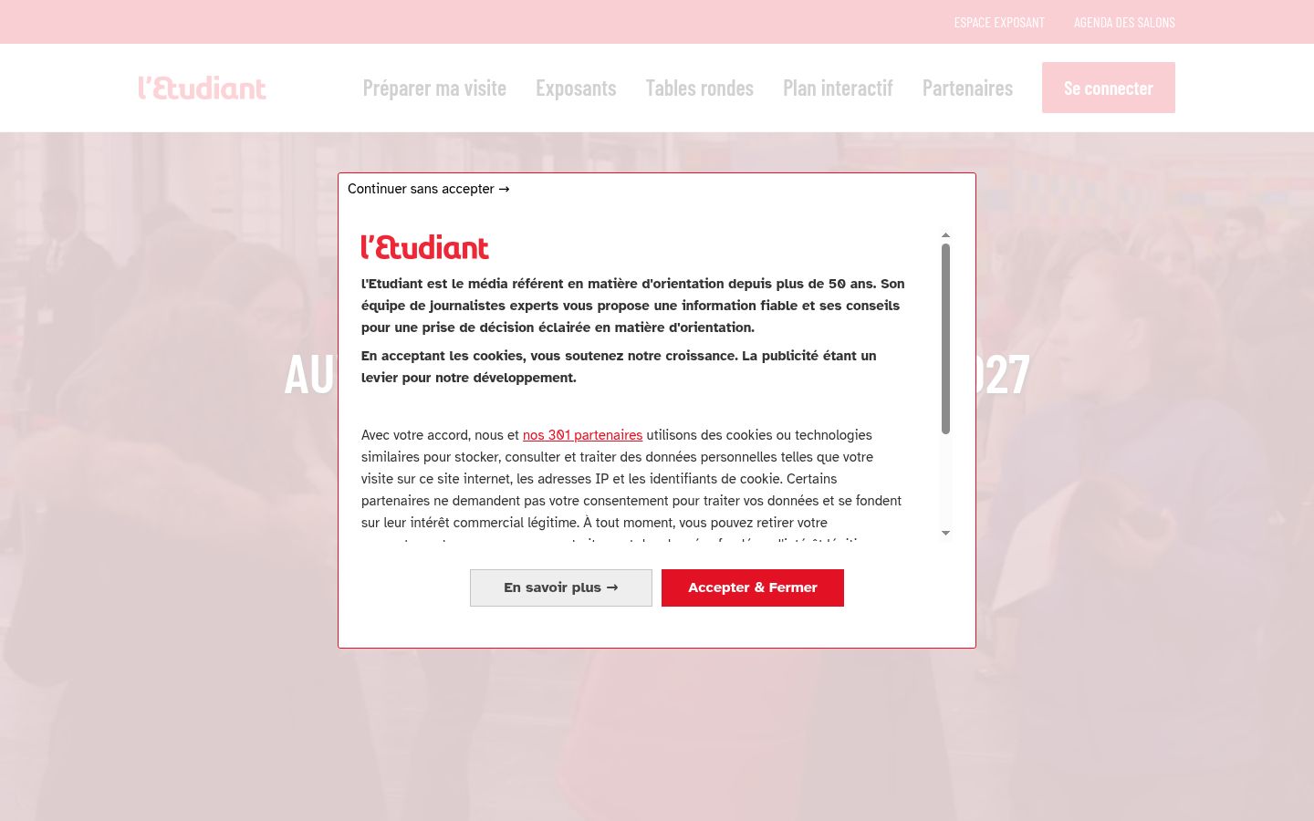 Capture d'écran de la bannière de consentement affichée avant toute interaction