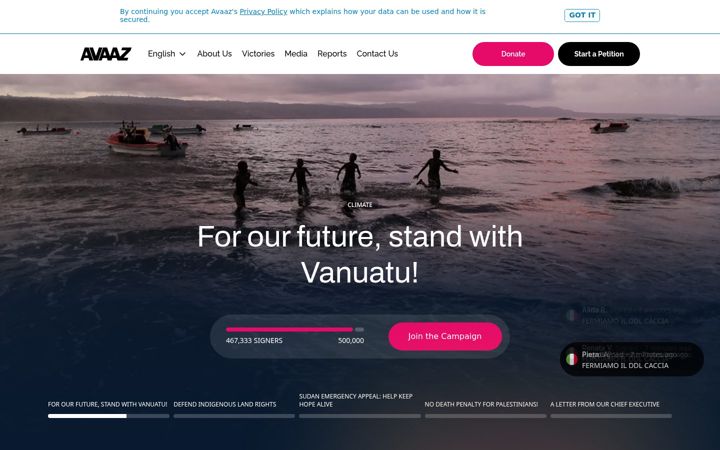 Skärmbild av avaaz.org