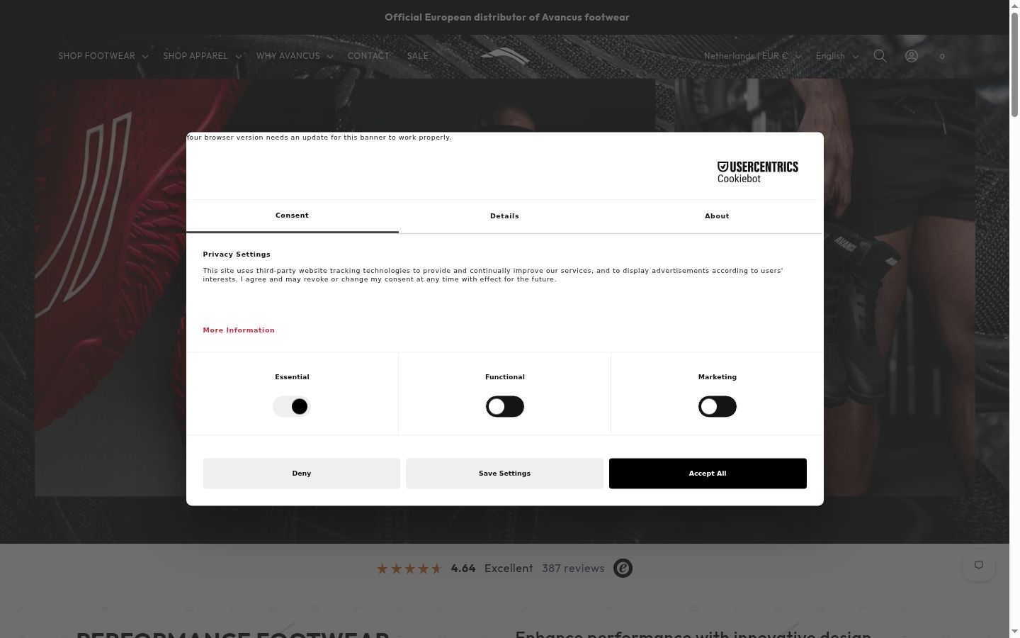 Screenshot del banner di consenso mostrato prima di qualsiasi interazione