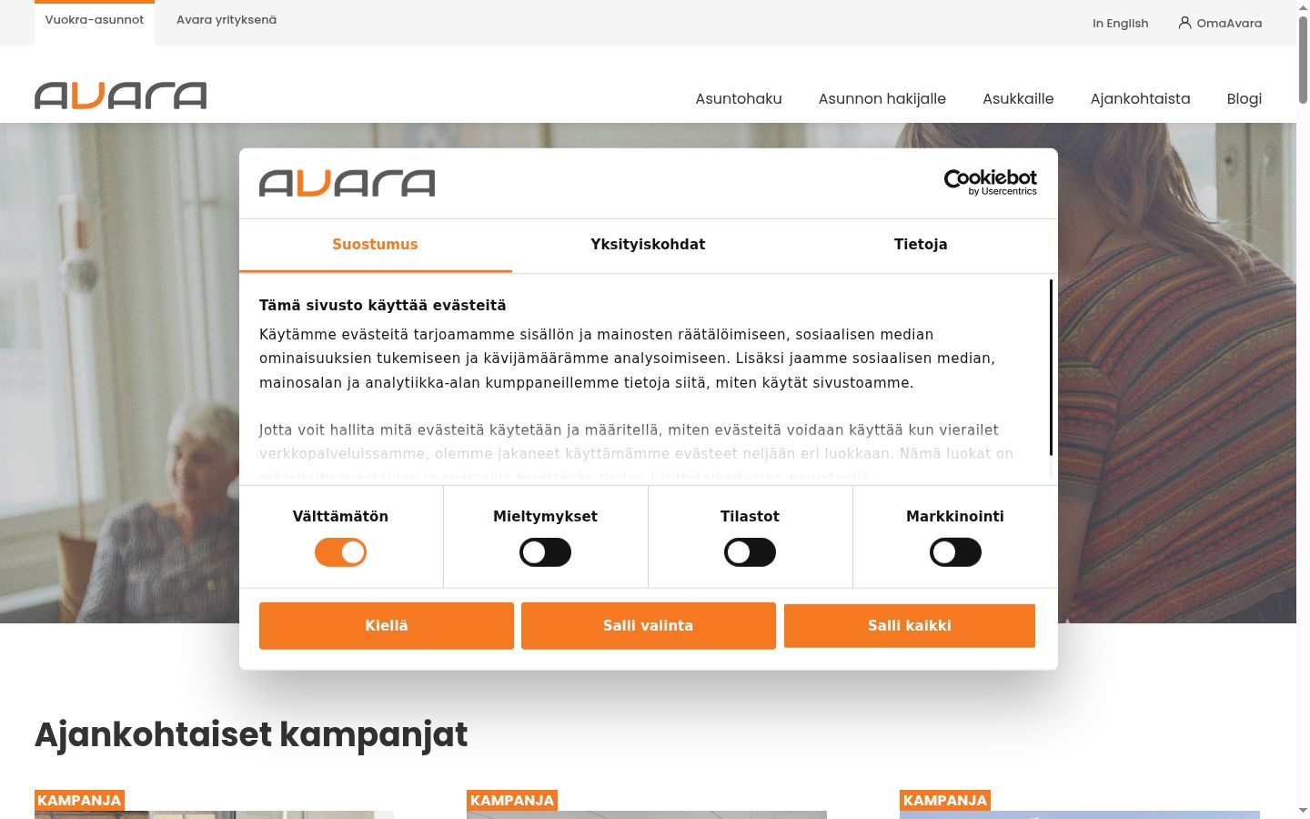 Screenshot del banner di consenso mostrato prima di qualsiasi interazione