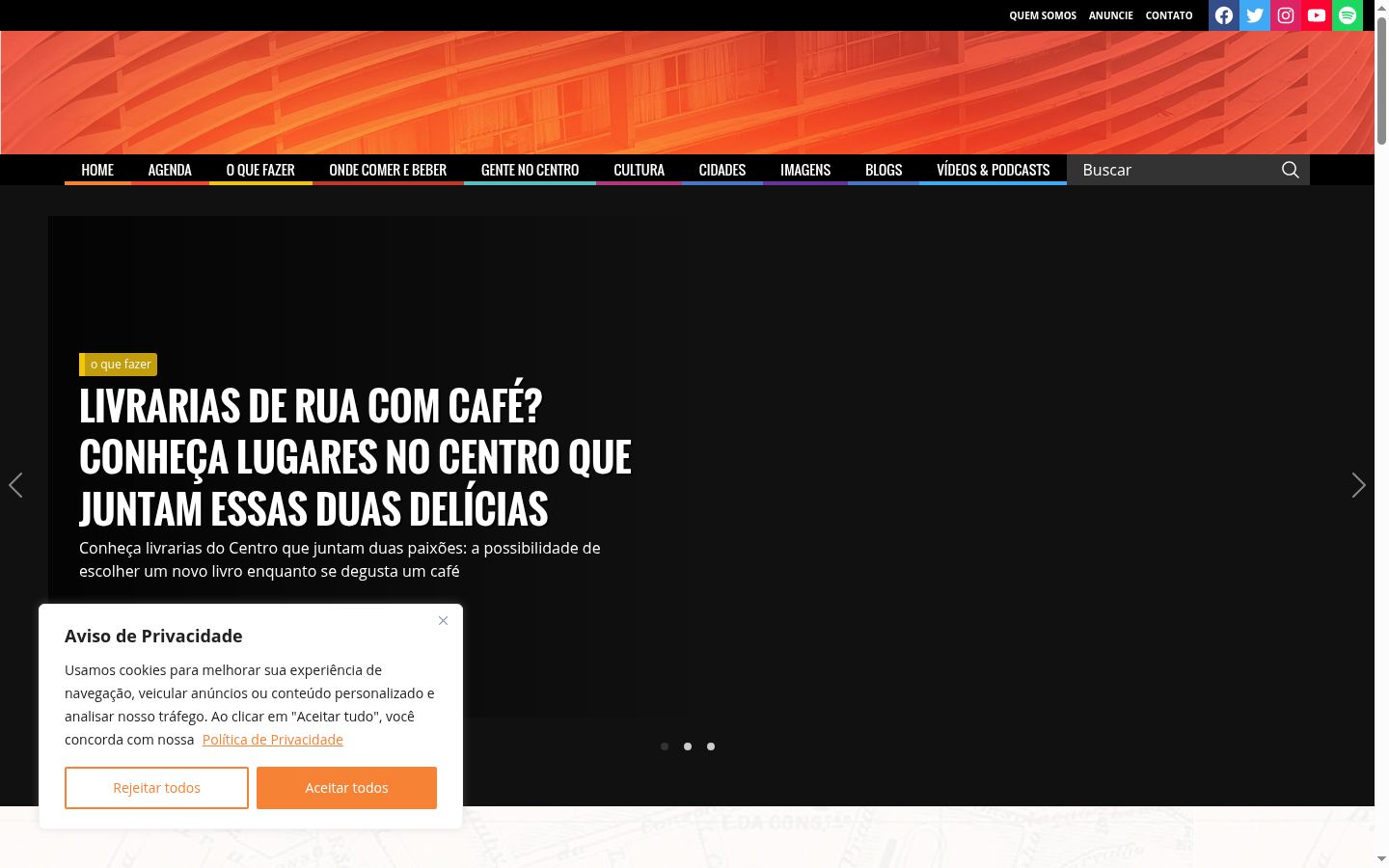 Captura de pantalla del banner de consentimiento mostrado antes de cualquier interacción