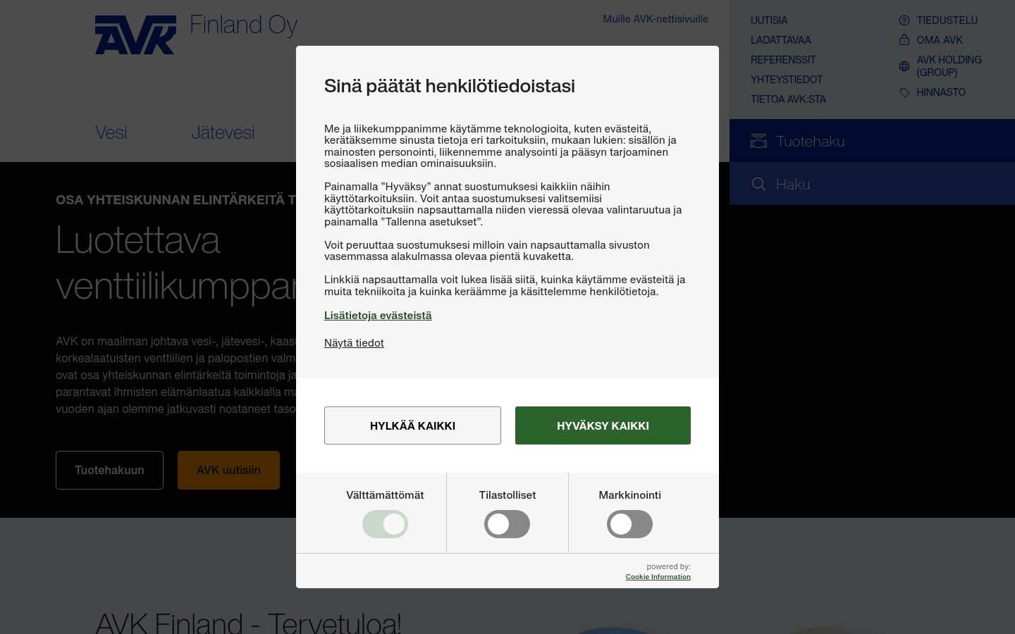 Skärmbild av samtyckesbannern som visades före någon interaktion