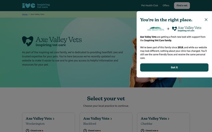 Captura de pantalla de axevalleyvets.co.uk