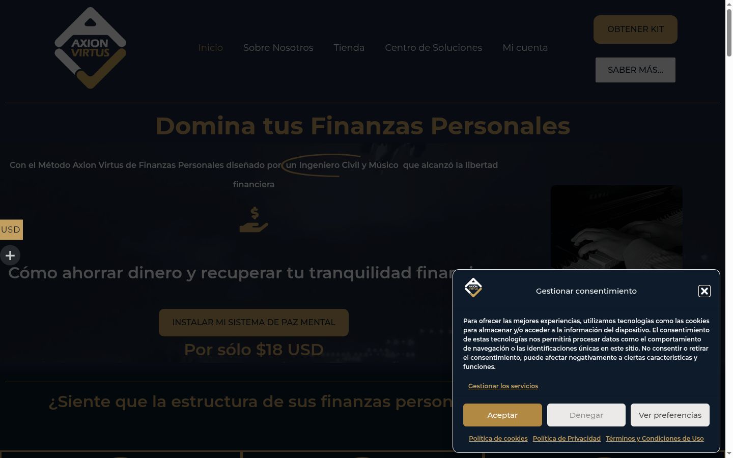 Captura de ecrã do banner de consentimento apresentado antes de qualquer interação