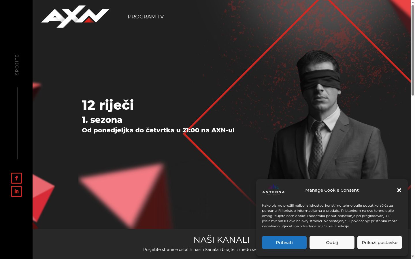 Posnetek zaslona pasice za privolitev, prikazane pred kakršno koli interakcijo