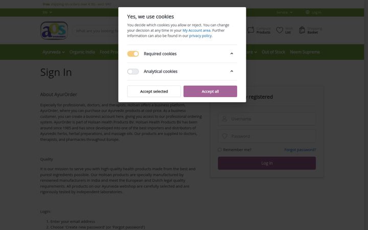 Screenshot of ayurorder.nl