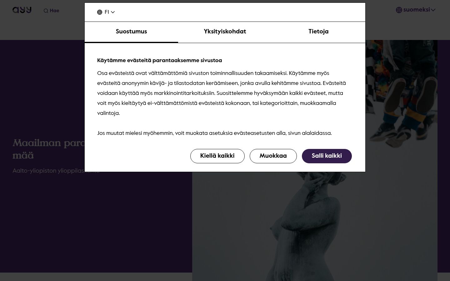 Skärmbild av samtyckesbannern som visades före någon interaktion