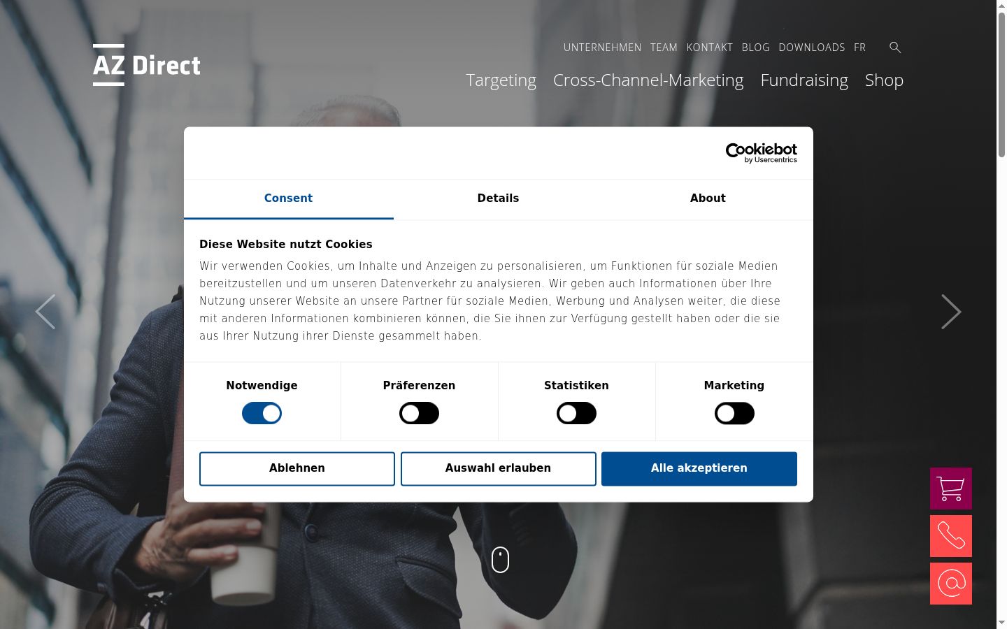 Capture d'écran de la bannière de consentement affichée avant toute interaction