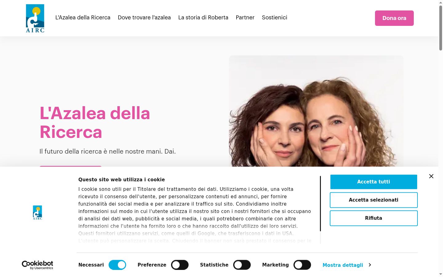 Screenshot del banner di consenso mostrato prima di qualsiasi interazione