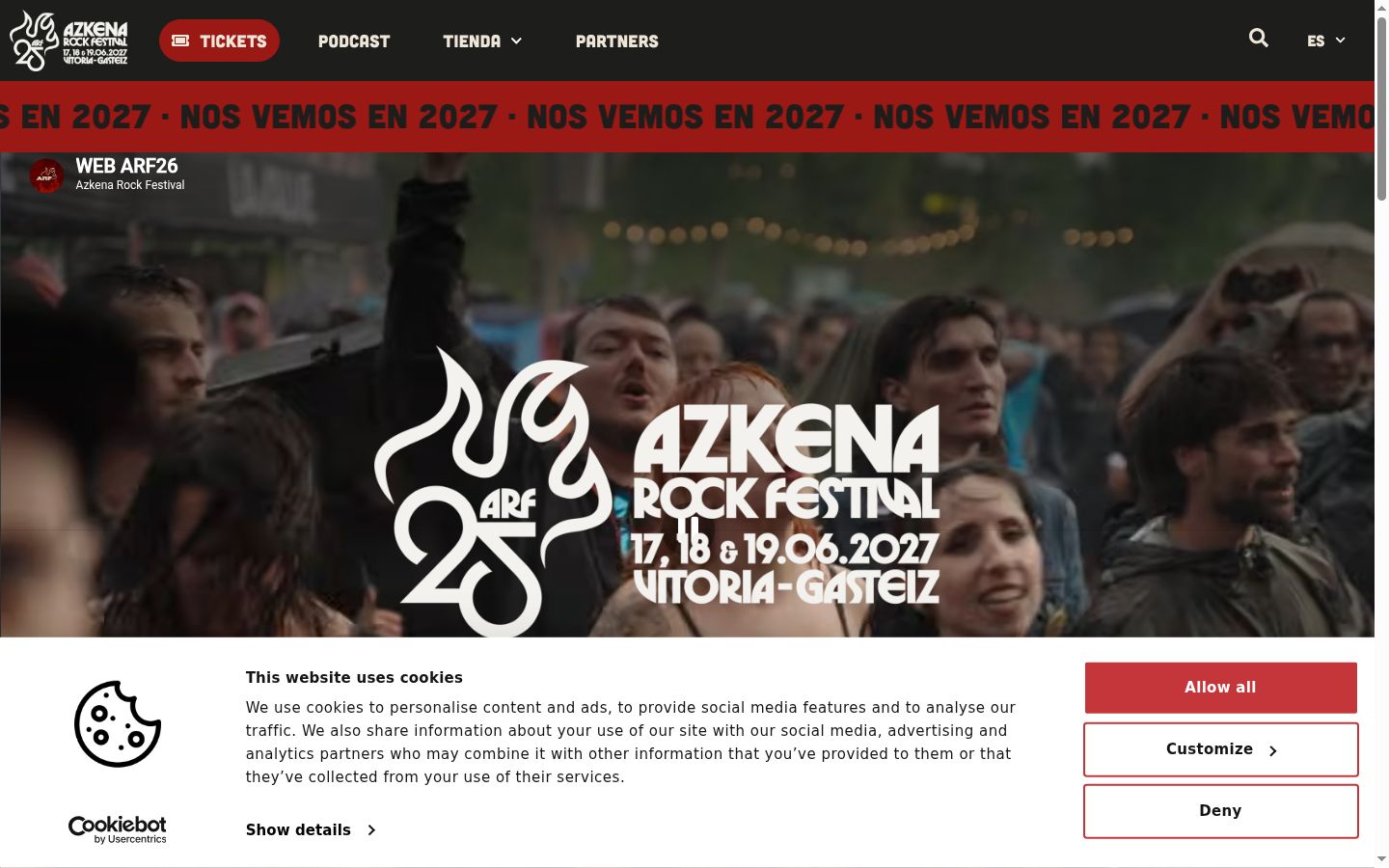 Captura de ecrã do banner de consentimento apresentado antes de qualquer interação