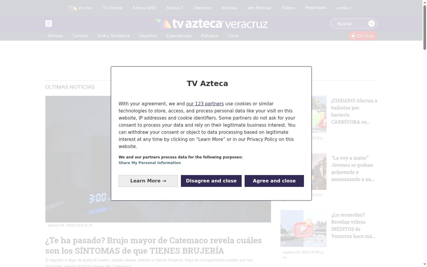 Captura de ecrã do banner de consentimento apresentado antes de qualquer interação