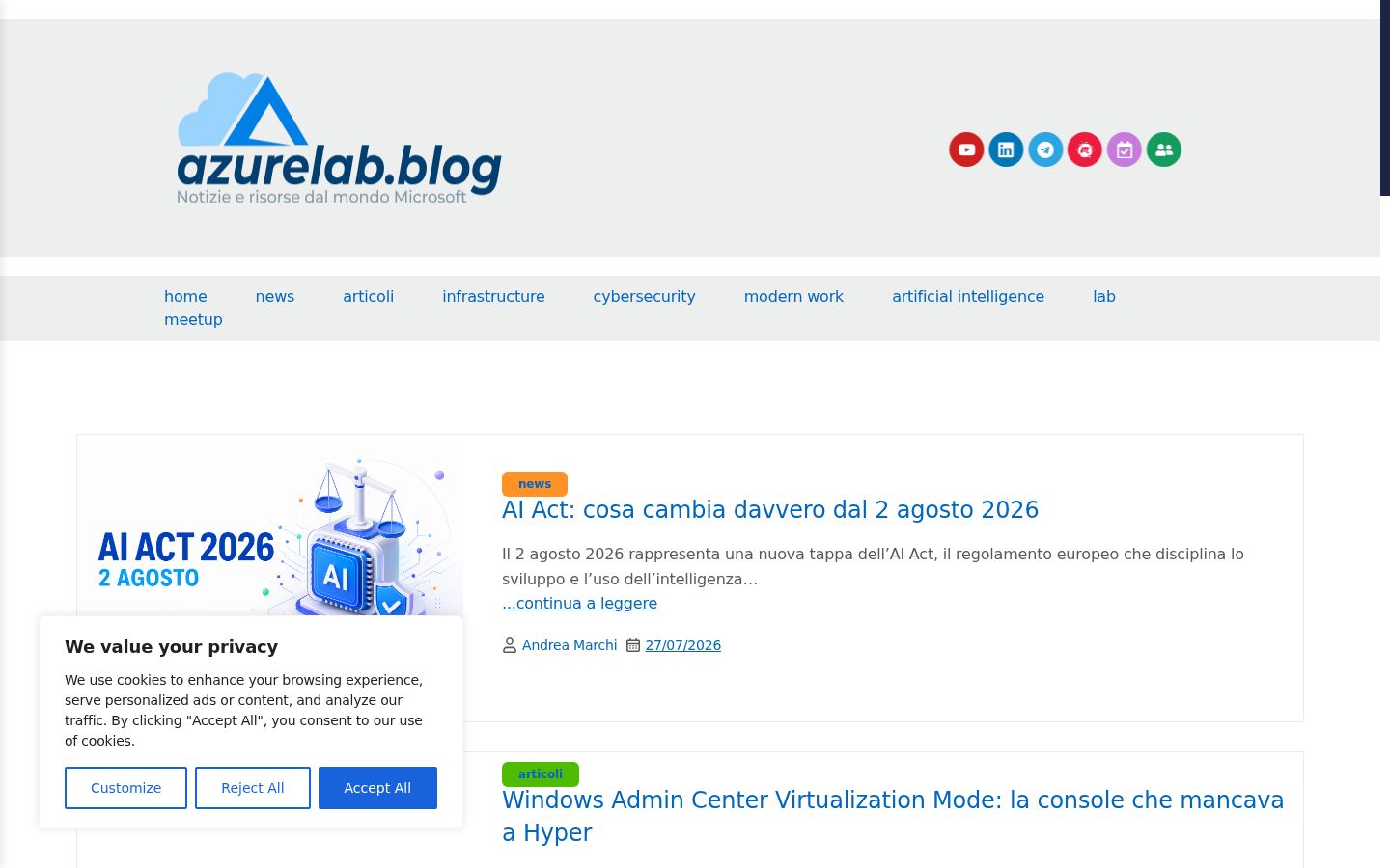 Screenshot del banner di consenso mostrato prima di qualsiasi interazione