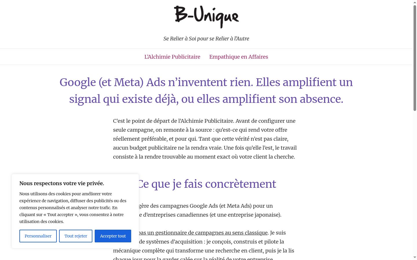 Capture d'écran de la bannière de consentement affichée avant toute interaction