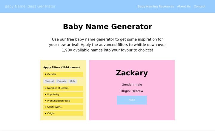 Screenshot of babynameideasgenerator.com