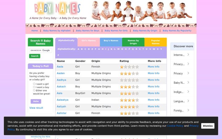 Screenshot of babynames2go.com