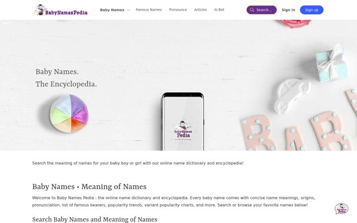 Screenshot of babynamespedia.com