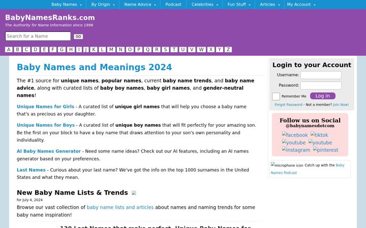 Screenshot of babynamesranks.com