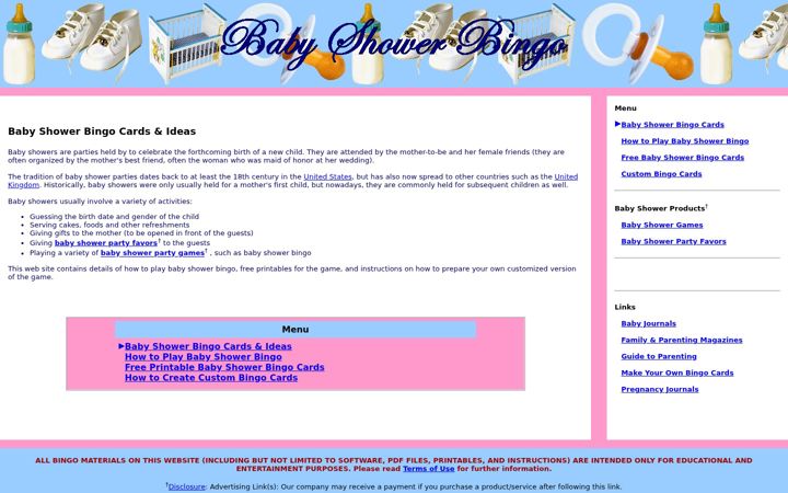 Screenshot of babyshowerbingo.org