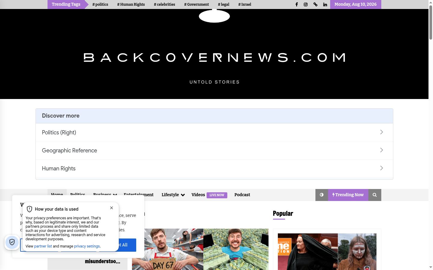 Screenshot del banner di consenso mostrato prima di qualsiasi interazione