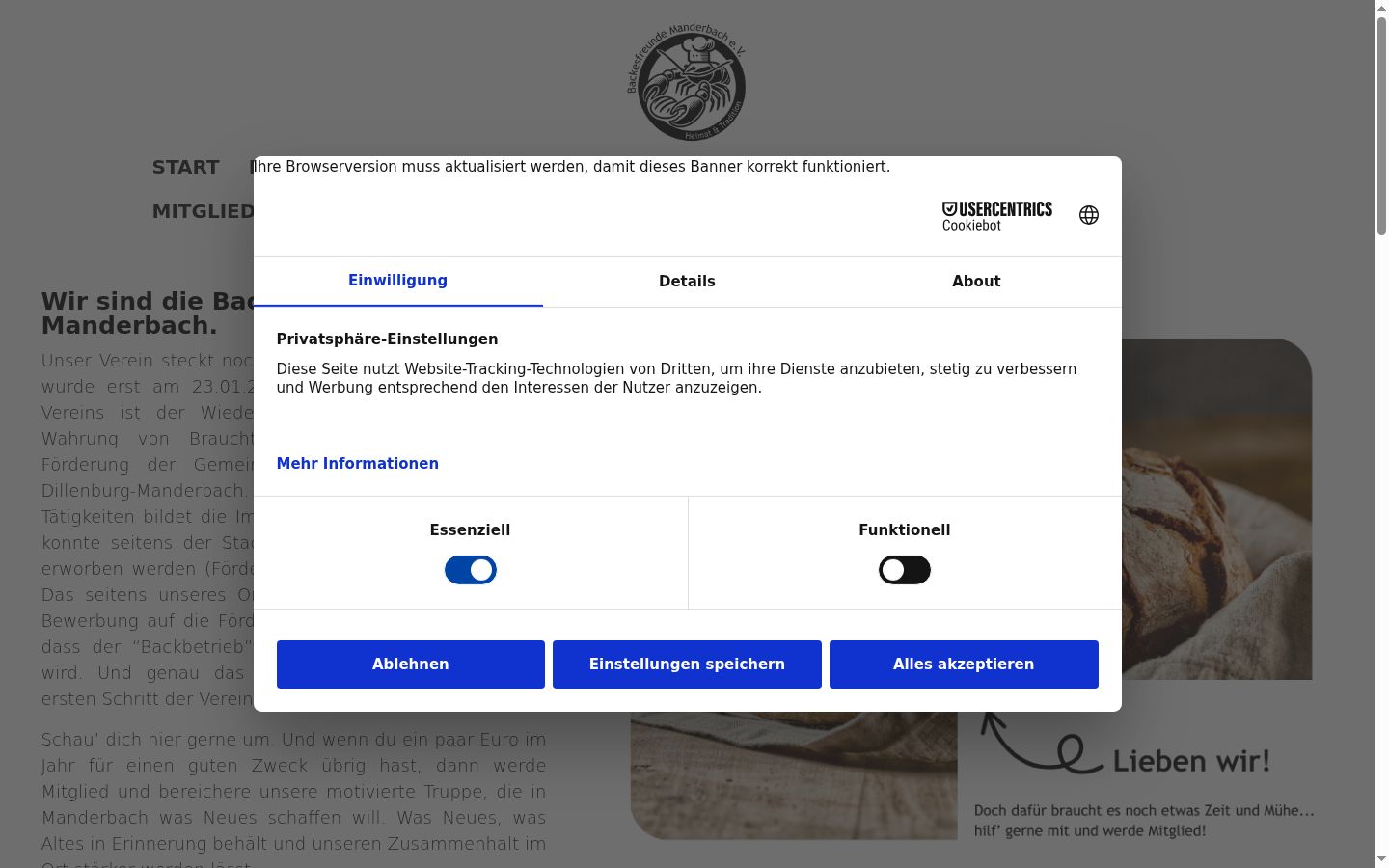 Skärmbild av samtyckesbannern som visades före någon interaktion
