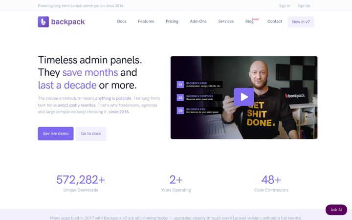 Screenshot of backpackforlaravel.com