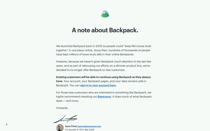Screenshot of backpackit.com