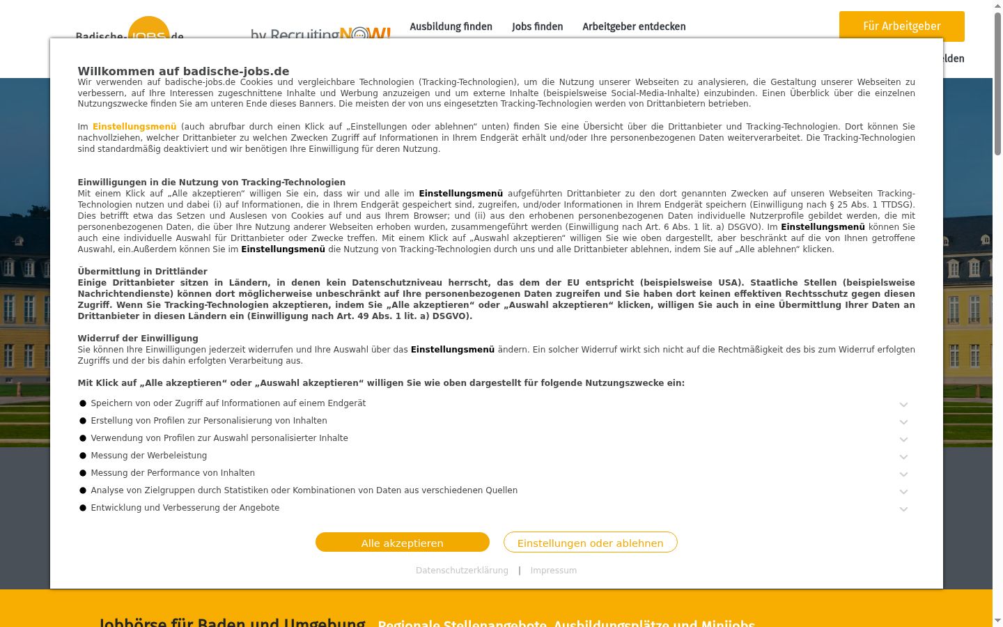 Screenshot des Einwilligungsbanners vor jeglicher Interaktion
