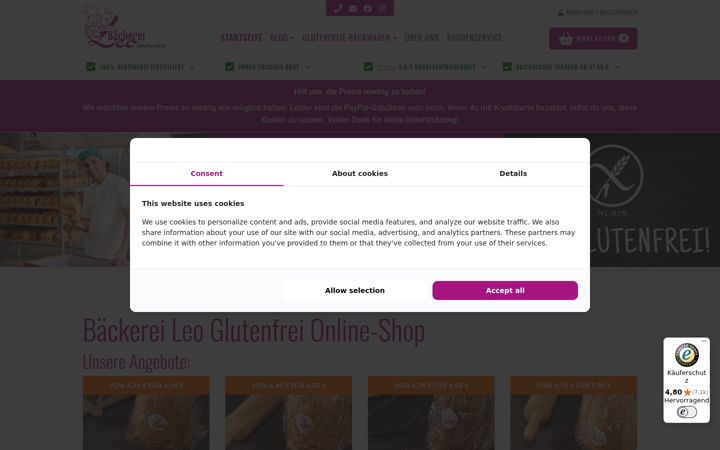 Captură de ecran a baeckereileoglutenfrei.de