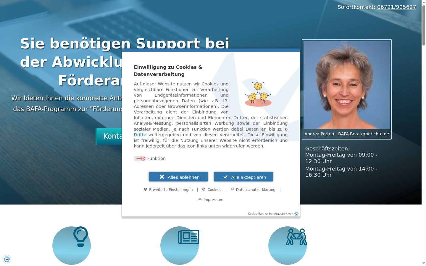 Screenshot des Einwilligungsbanners vor jeglicher Interaktion