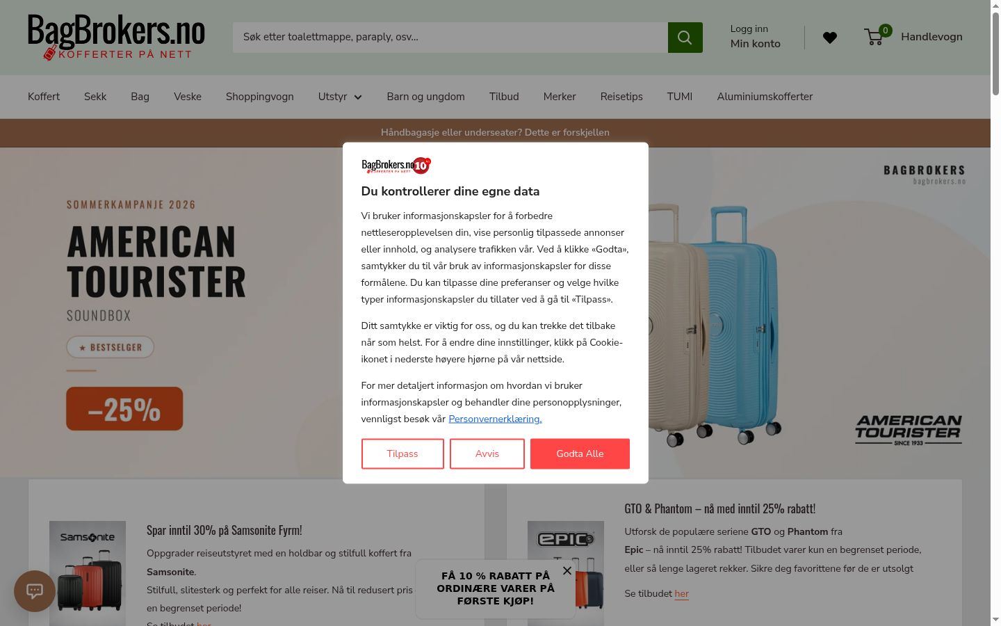 Screenshot del banner di consenso mostrato prima di qualsiasi interazione