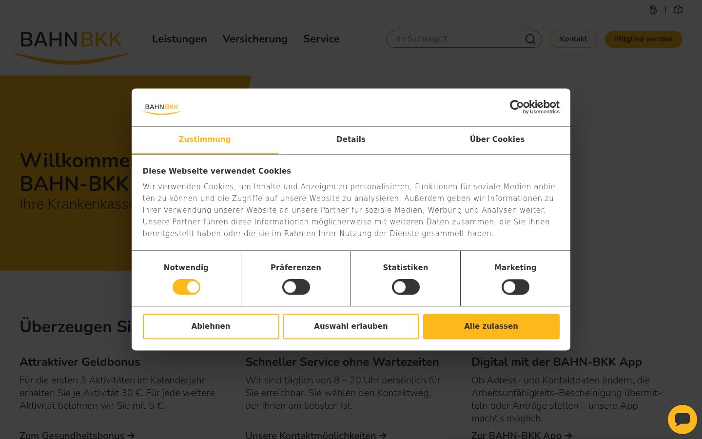 Screenshot des Einwilligungsbanners vor jeglicher Interaktion