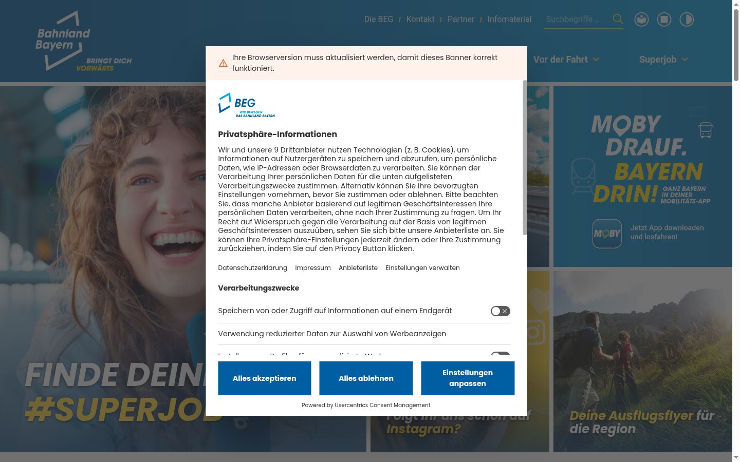 Sutikimo reklamjuostės, rodytos prieš bet kokią sąveiką, ekrano kopija
