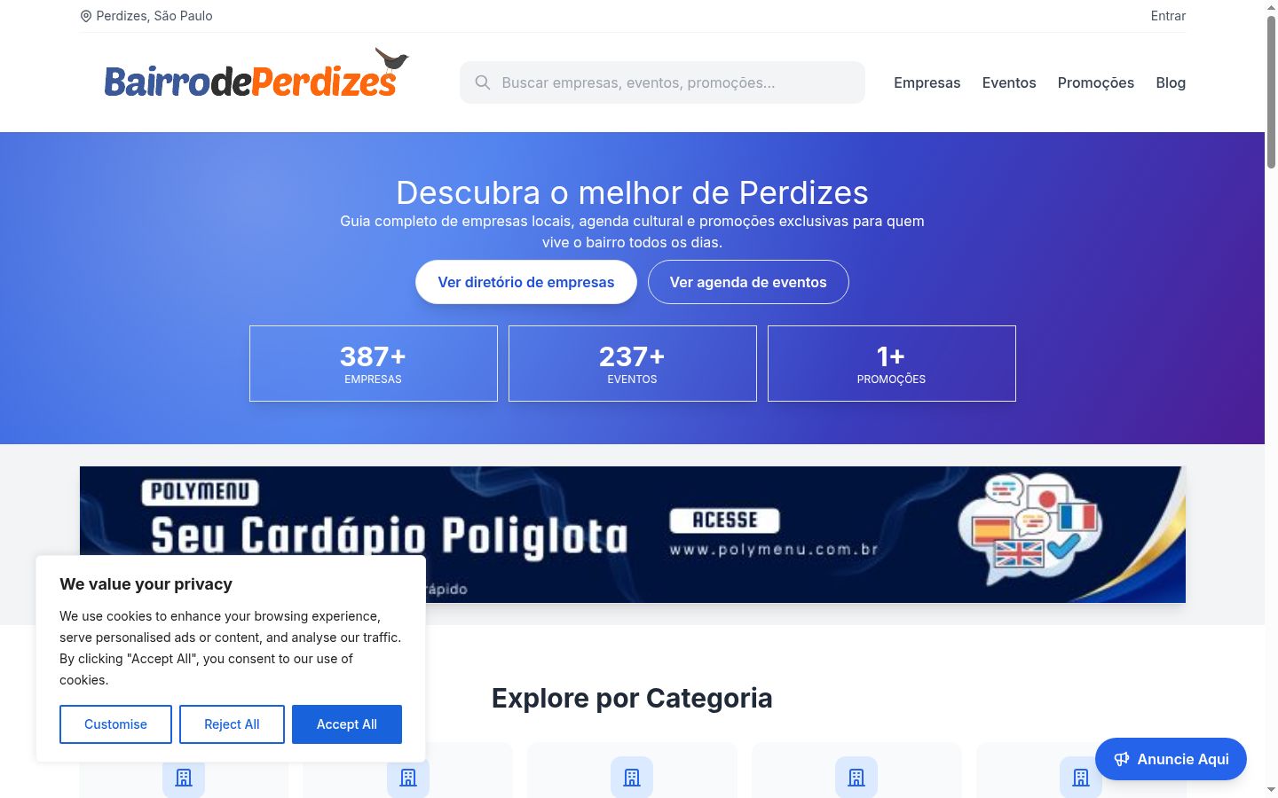 Captura de ecrã do banner de consentimento apresentado antes de qualquer interação