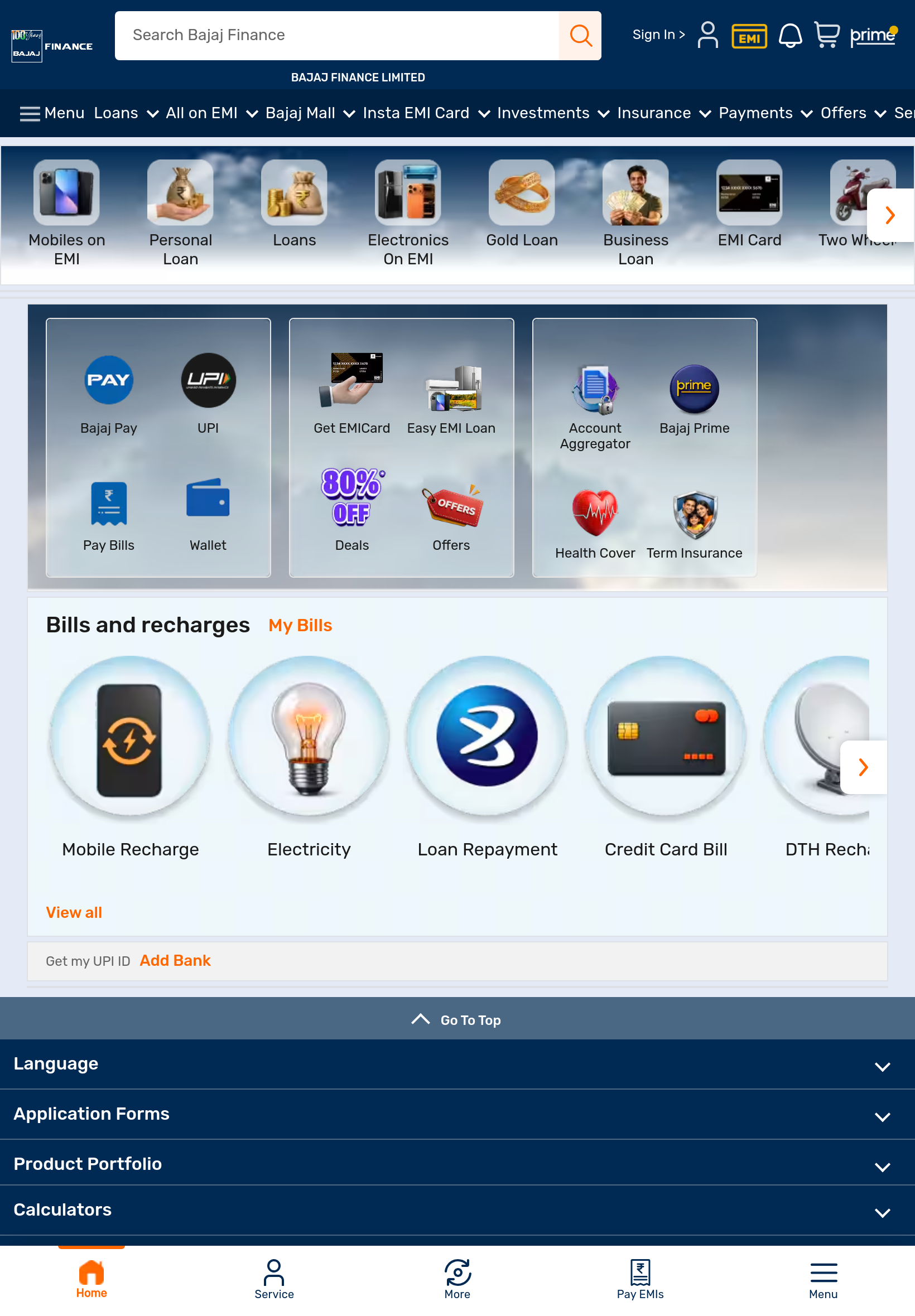 Tablet screenshot of bajajfinserv.in